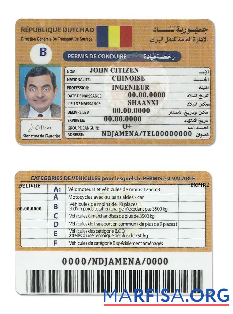 Printable Chad(Republique du Tchad) driving license real example